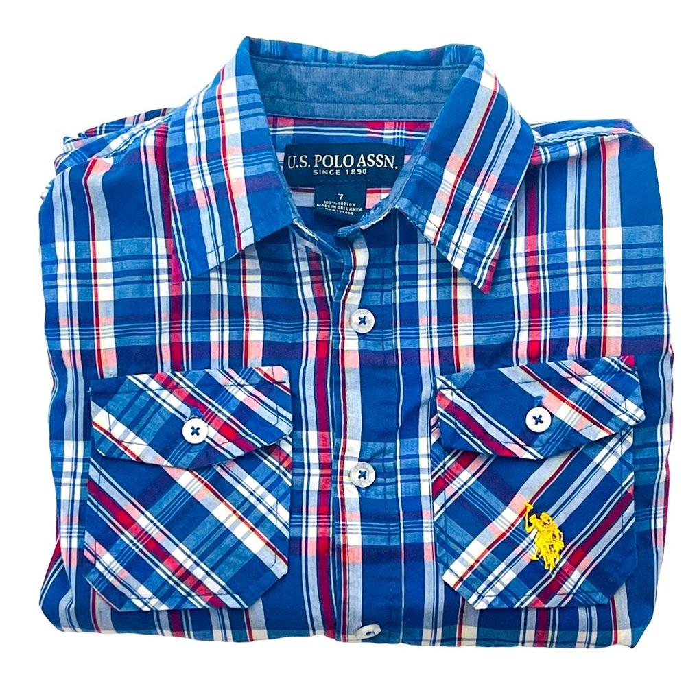 U.S. POLO ASSN. Kids Plaid Long Sleeve Button Down Red White Blue Size: Boys 7